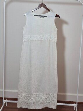 Vintage Dressing Clio Linen Dress Women’s M Ivory Lace Maxi Shift Made USA 90s